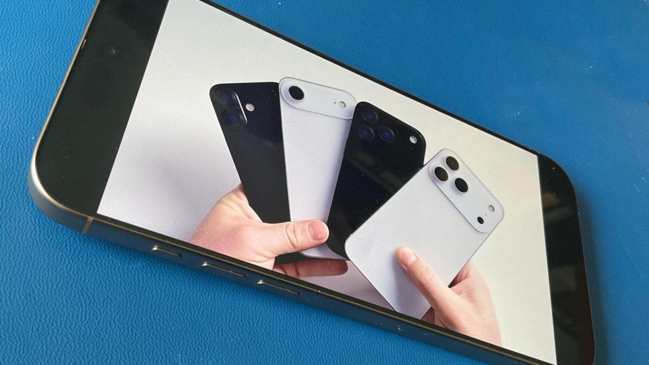 Four smartphones with various camera arrangements held by hands are displayed on another smartphone screen, lying on a blue surface.
