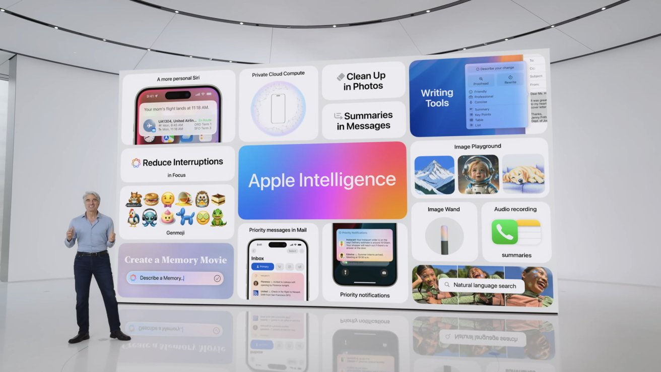 Craig Federighi presenting Apple Intelligence features with large screen showing various software capabilities like Siri, Photos cleanup, messaging summaries, and focus mode icons.