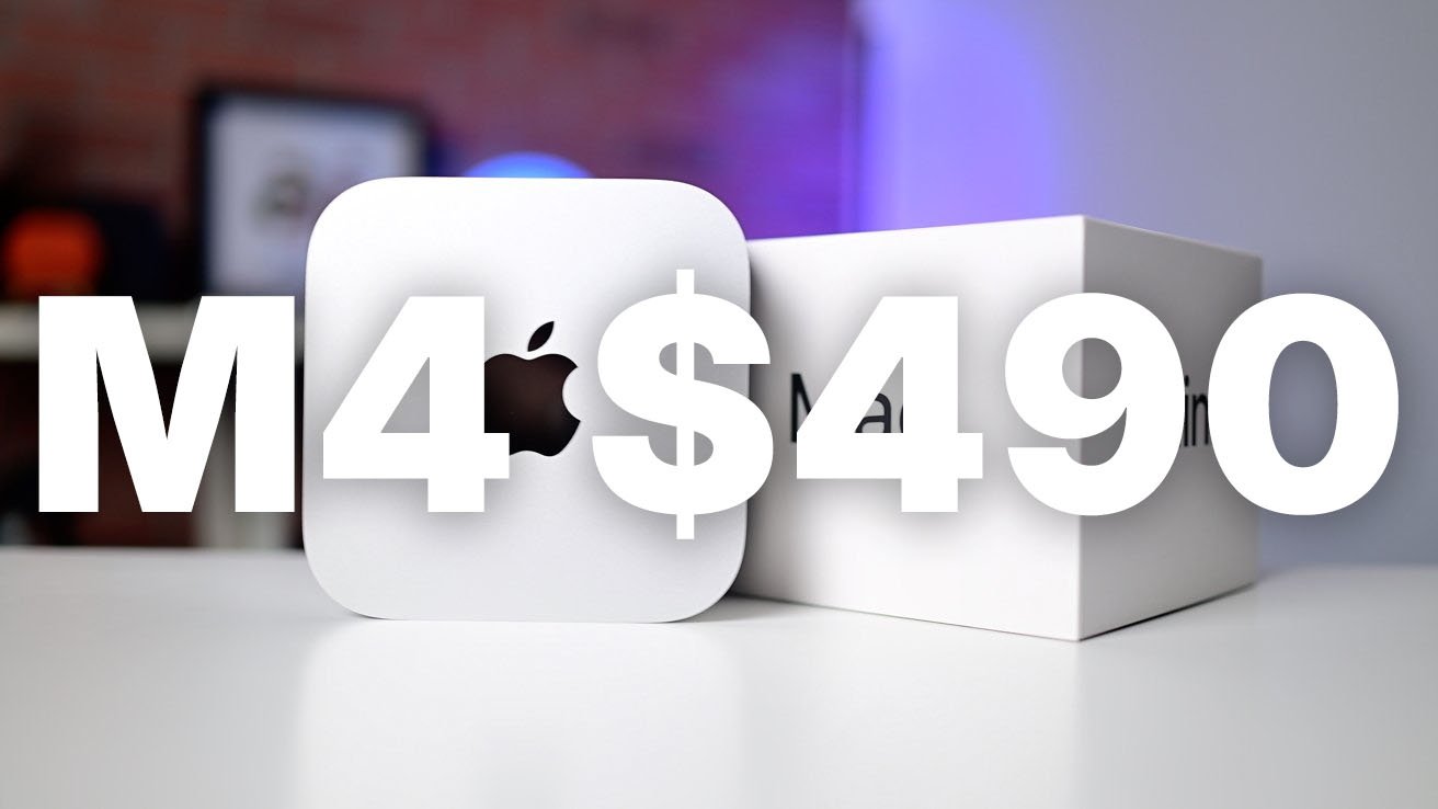 Apple Mac mini M4 on white table with price overlay reading $490 in bold, large white letters.