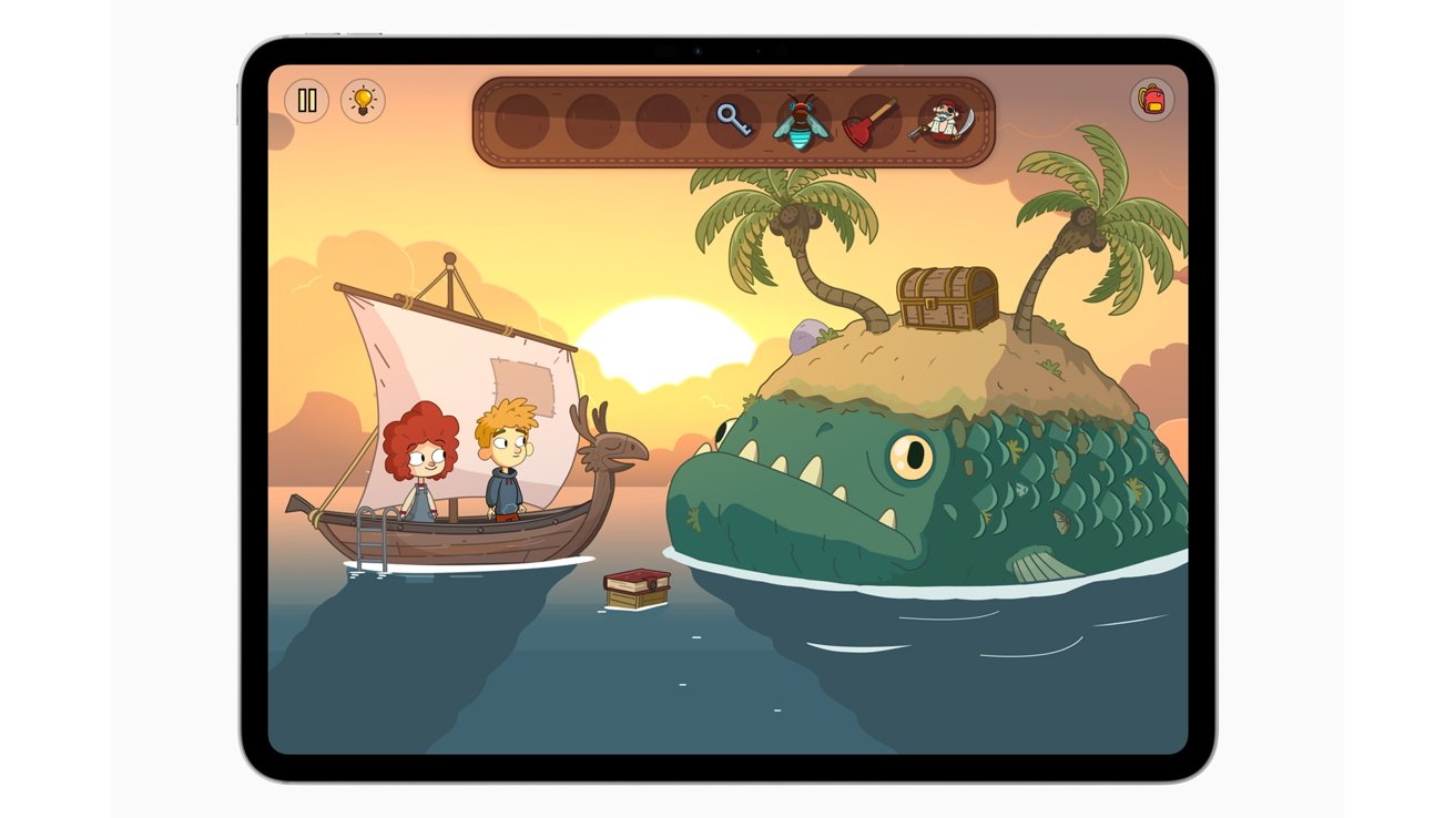 Two animated children sail towards a large, playful sea creature with an island on its back, featuring palm trees and a treasure chest, as the sun sets.