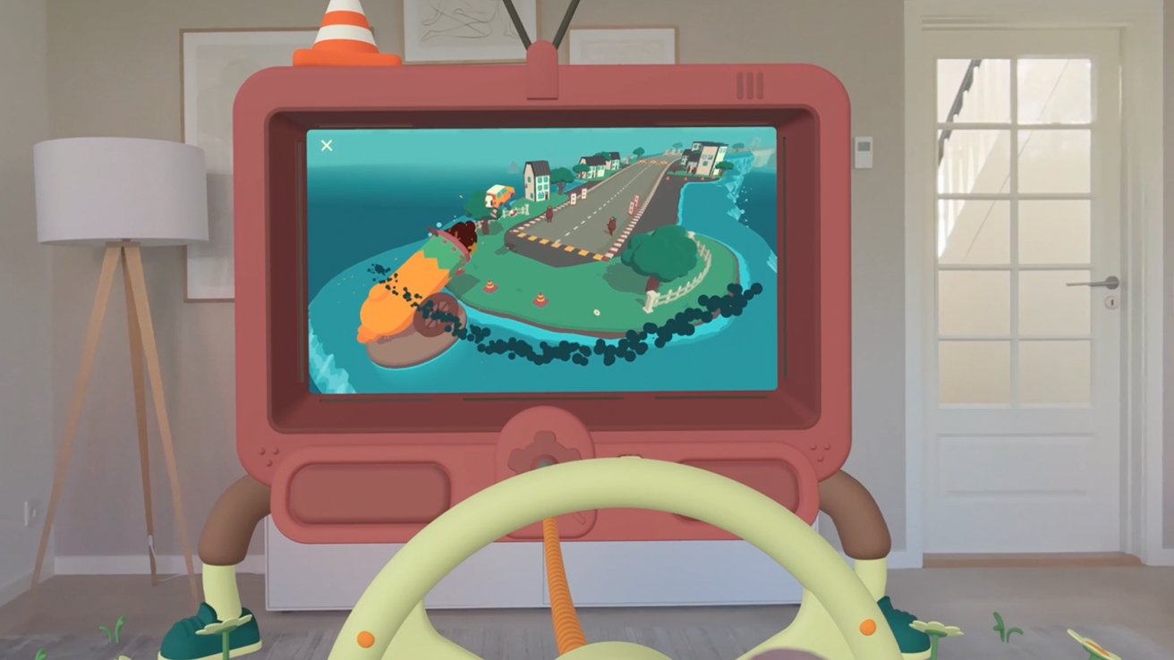 Cartoonish screen on tripod showing an island and road scene, steering wheel below, orange cone on top, modern room background with lamp and door.