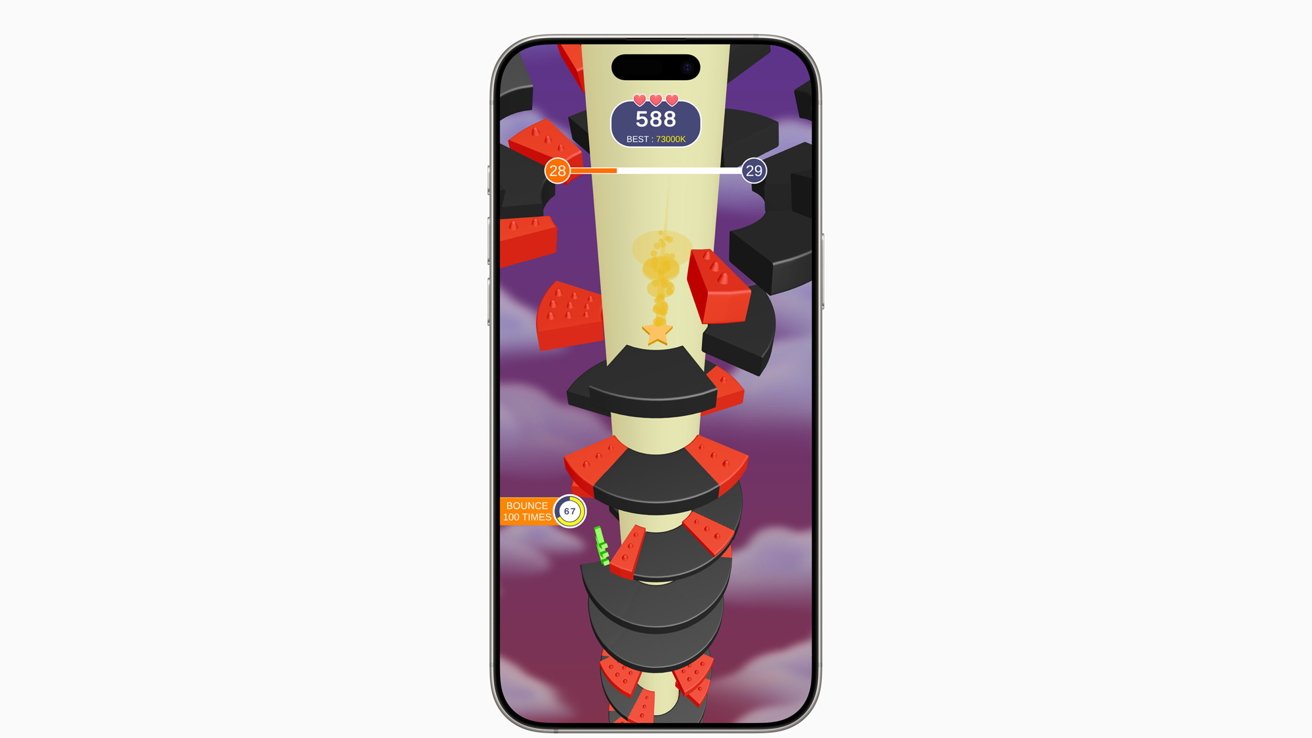 Smartphone displaying a game with a falling yellow object through rotating black and red platforms, score displayed at the top, purple background.