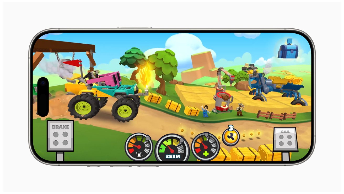 Colorful toy vehicles race on a dirt track amid trees and hay bales, with cartoon characters and control meters displayed on a phone screen.