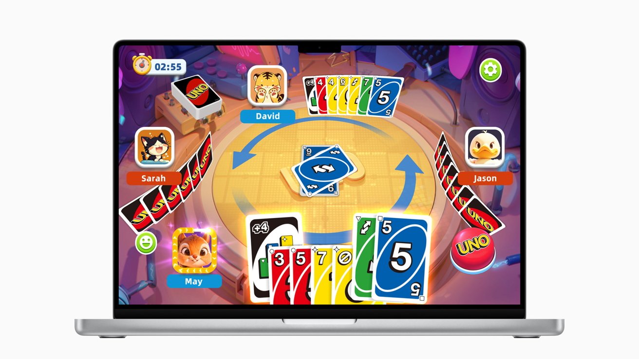 Laptop screen displaying an animated UNO game with cartoon avatars, colorful cards, and a circular virtual table.