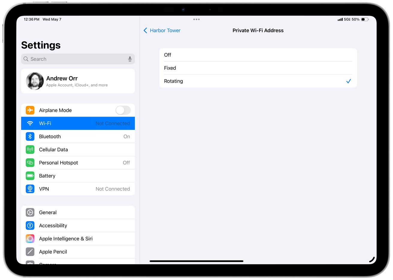iPad settings screen displaying Wi-Fi options, with Bluetooth on, Wi-Fi not connected, and private Wi-Fi address set to rotating.