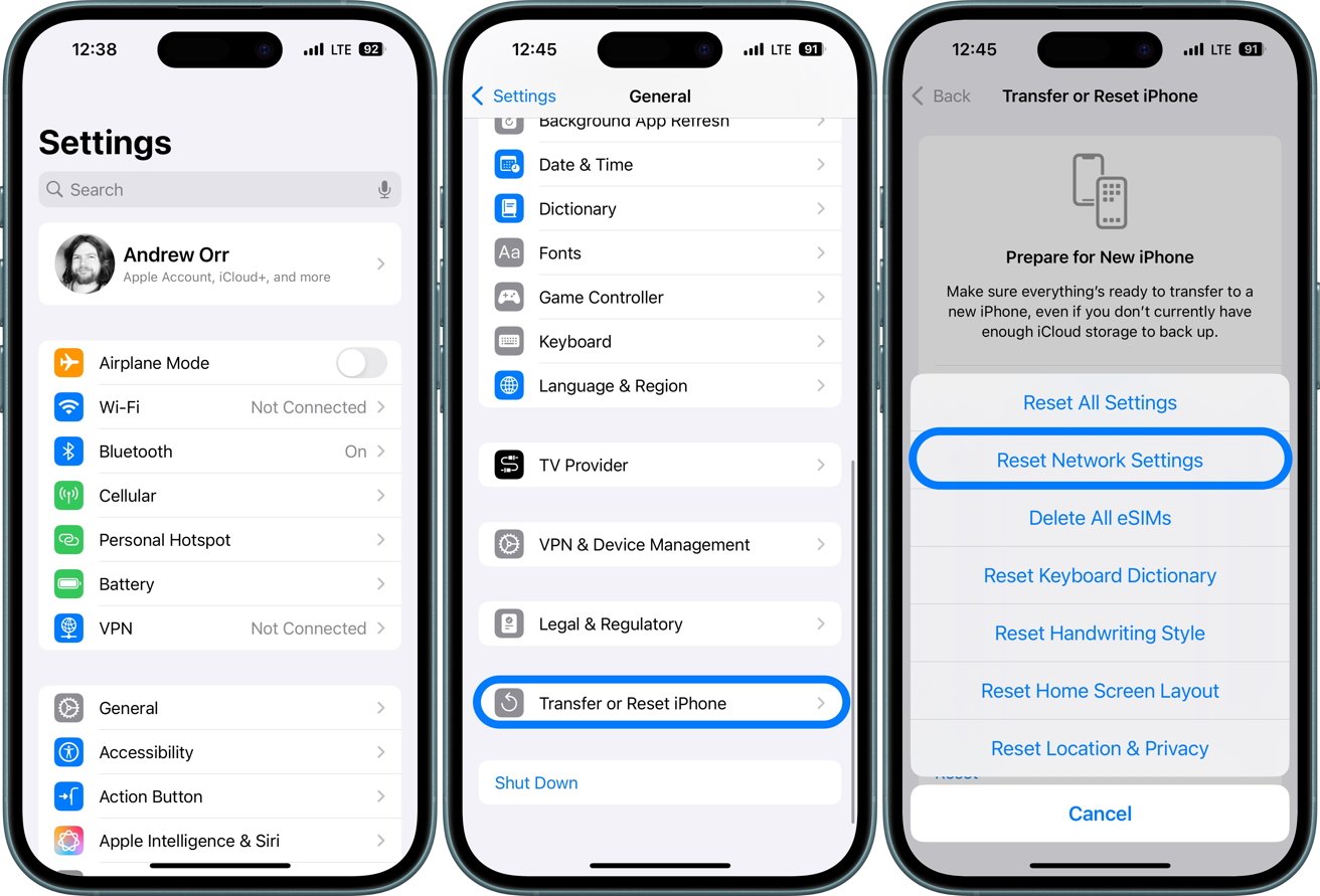Three iPhone screens show settings: General, Transfer or Reset iPhone, and Reset Network Settings. Options include Wi-Fi, Bluetooth, and more with blue highlights on specific actions.