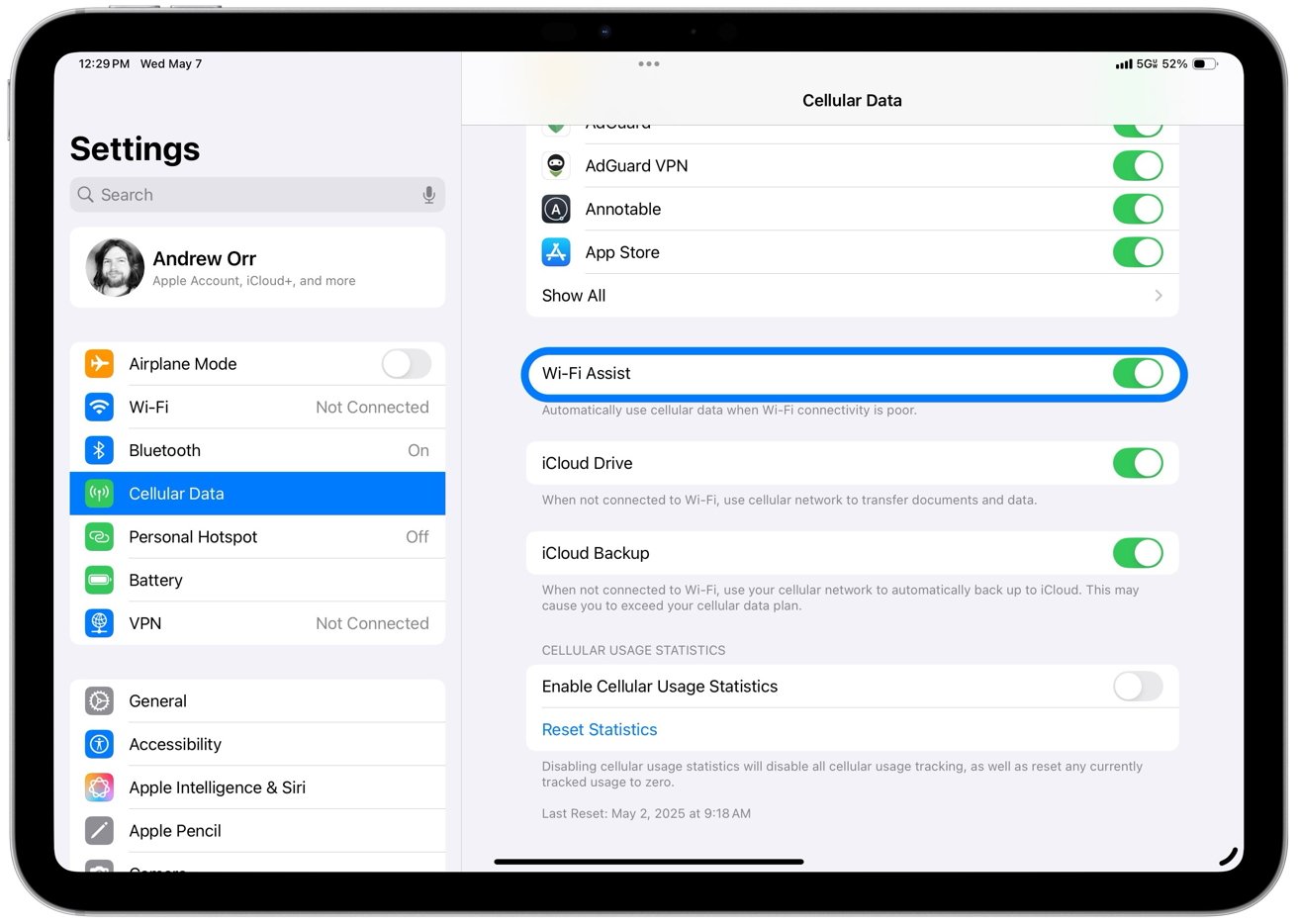 iPad settings screen showing Cellular Data options with Wi-Fi Assist enabled, along with iCloud options and network settings on the left menu.