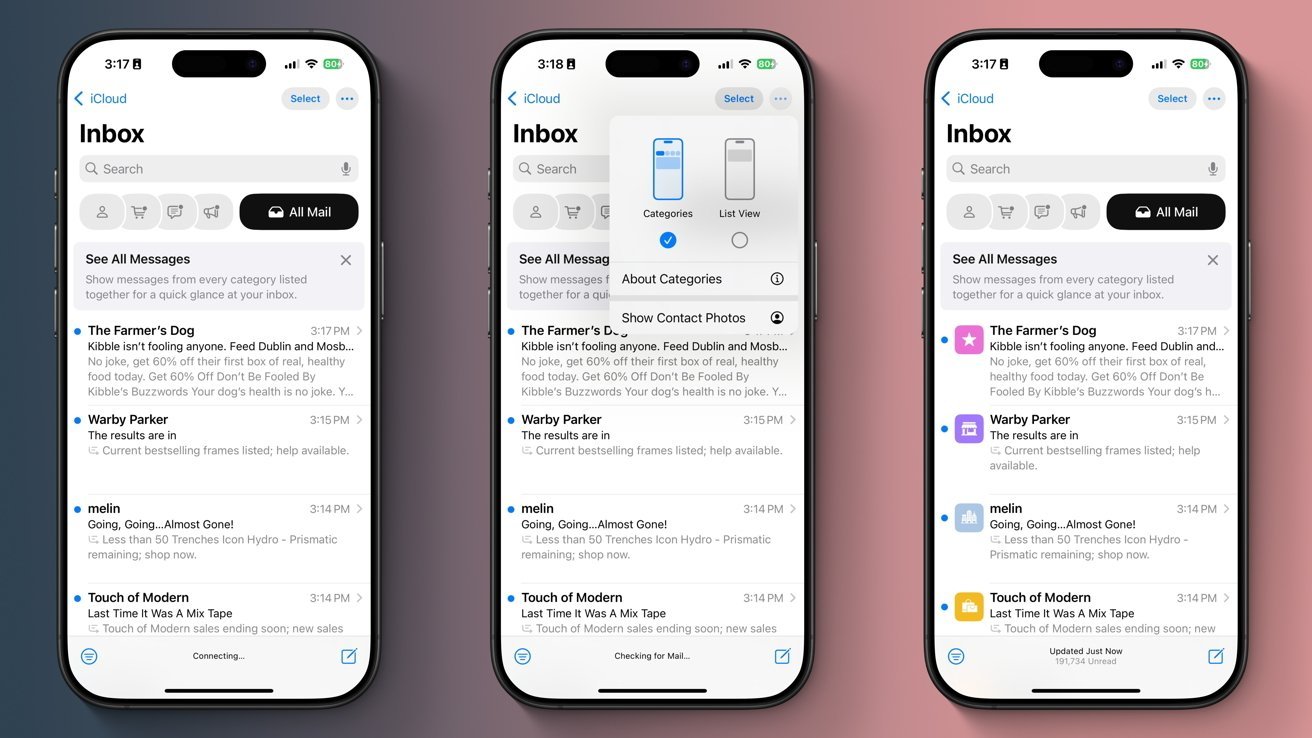 Three smartphone screens displaying an email inbox interface with messages, options, and colored icons for categories, including The Farmer's Dog, Warby Parker, and Touch of Modern.