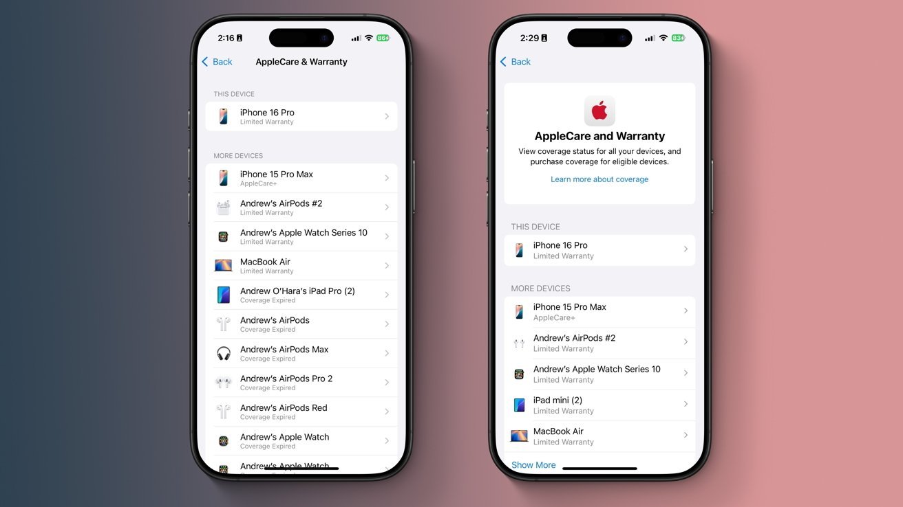 Two smartphone screens displaying AppleCare and Warranty details for various devices including iPhone, AirPods, Apple Watch, and MacBook with coverage status information.