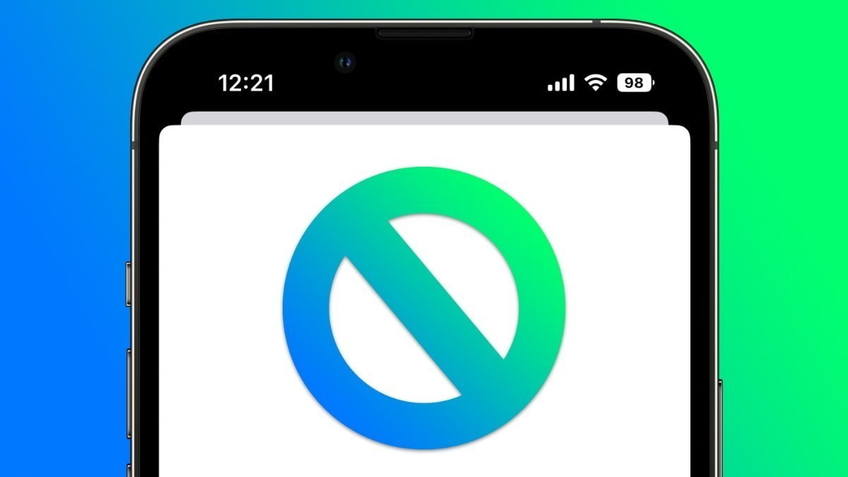 Smartphone displaying a blue-green prohibition symbol on the screen, set against a gradient blue-green background.