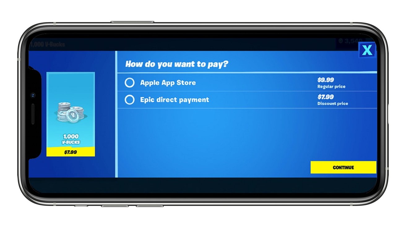 Smartphone screen showing two payment options for 1,000 V-Bucks: Apple App Store for $9.99 and Epic direct payment for $7.99.