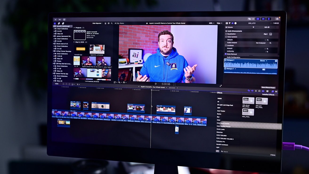 Computer monitor showing video editing software with a person's video in preview, timeline of clips below, and menus on the sides.