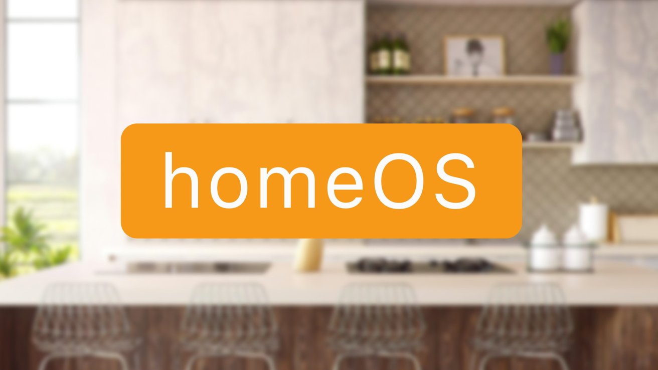 Orange rectangle with 'homeOS' text overlay on a blurred modern kitchen background featuring shelves, bottles, and bar stools.