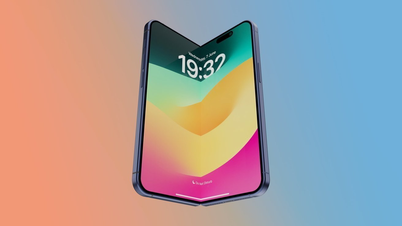 Foldable smartphone displaying colorful wallpaper, time, date, and 'Do Not Disturb' mode, set against a gradient background from orange to blue.