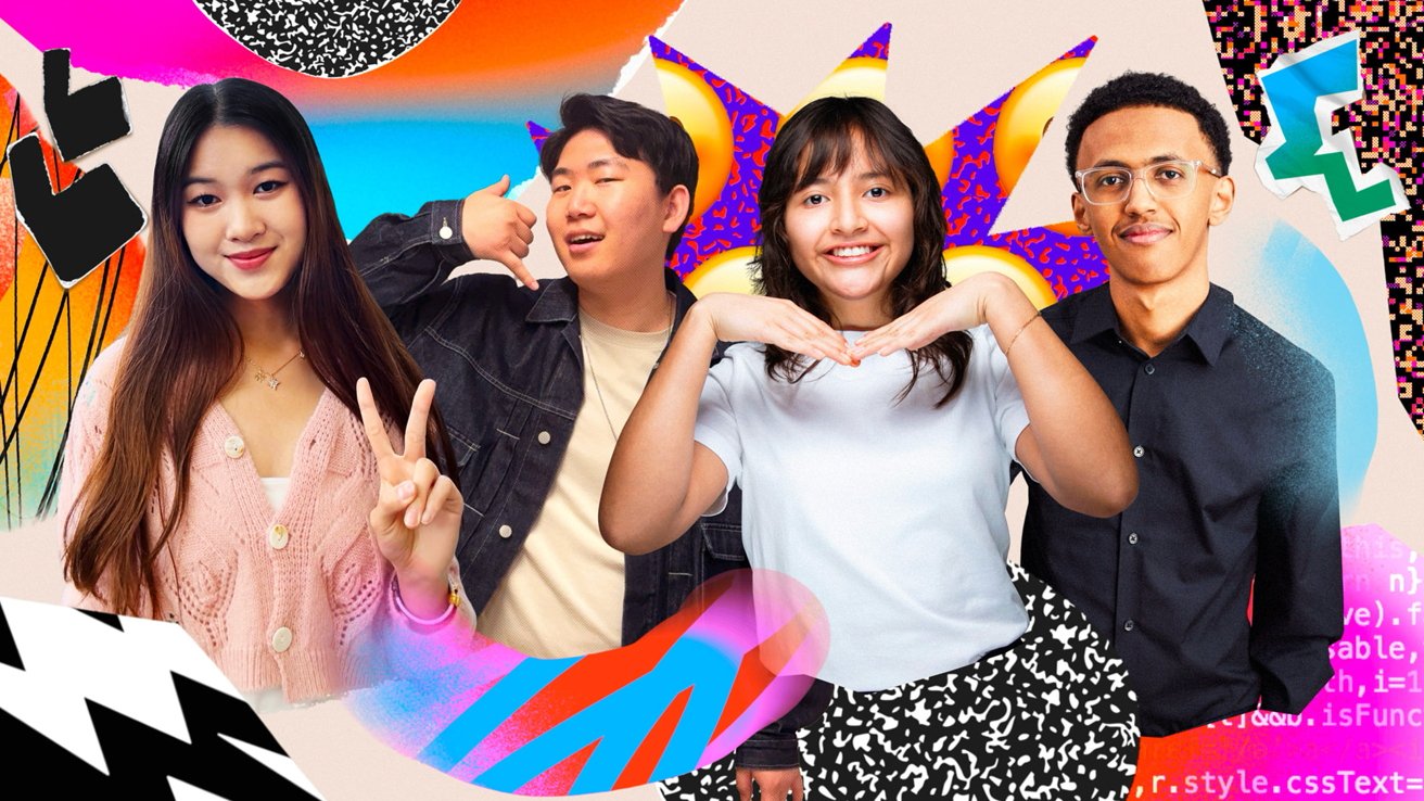 Four young adults posing cheerfully with colorful abstract designs in the background.