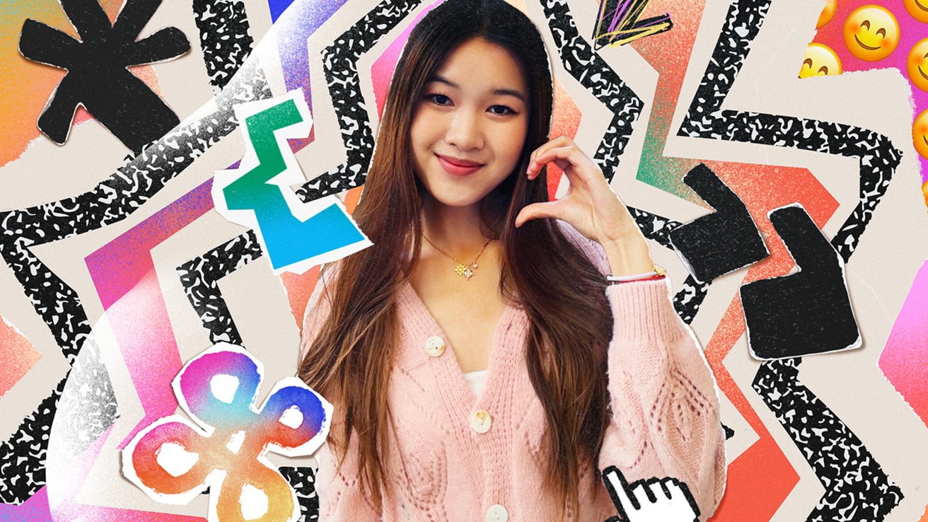 A person wearing a pink cardigan smiles against a vibrant, abstract background featuring colorful geometric shapes and emoji symbols.