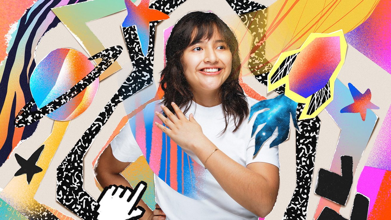 Smiling person in a colorful, abstract collage with rockets, planets, stars, and bold patterns, creating a vibrant, energetic atmosphere.