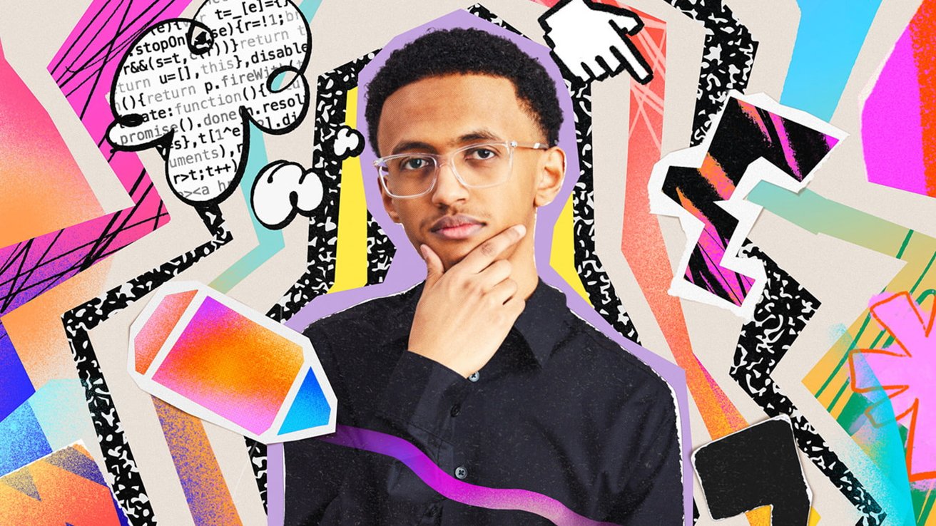 Man with glasses and thoughtful expression, surrounded by colorful abstract shapes, coding symbols, and a hand icon.