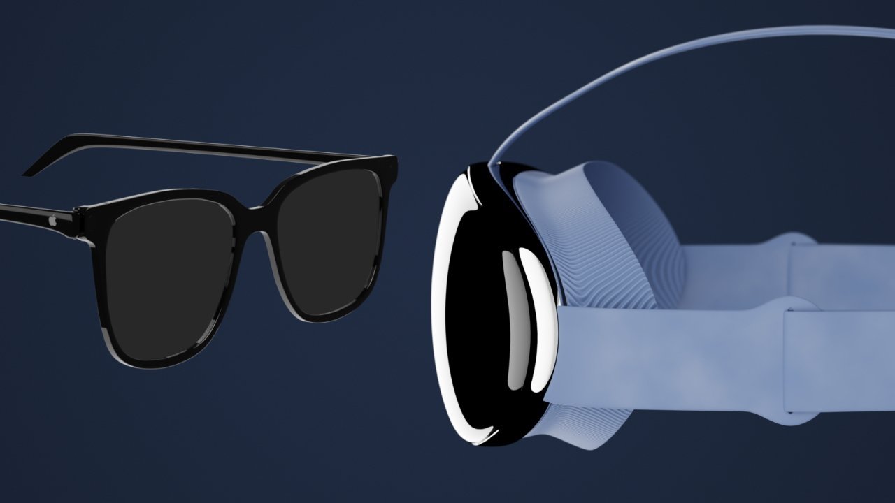 Black glasses and futuristic headphones on dark blue background, showcasing sleek design and modern aesthetics.