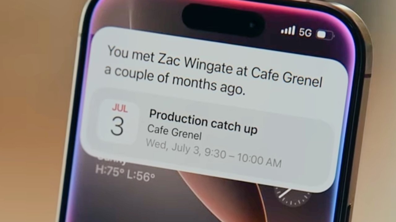 Smartphone displaying a notification about meeting Zac Wingate at Cafe Grenel; calendar event for a production catch-up on July 3, 9:30-10:00 AM.