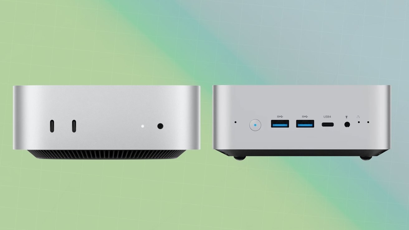 Two compact, silver computer units with various ports on a gradient green background.