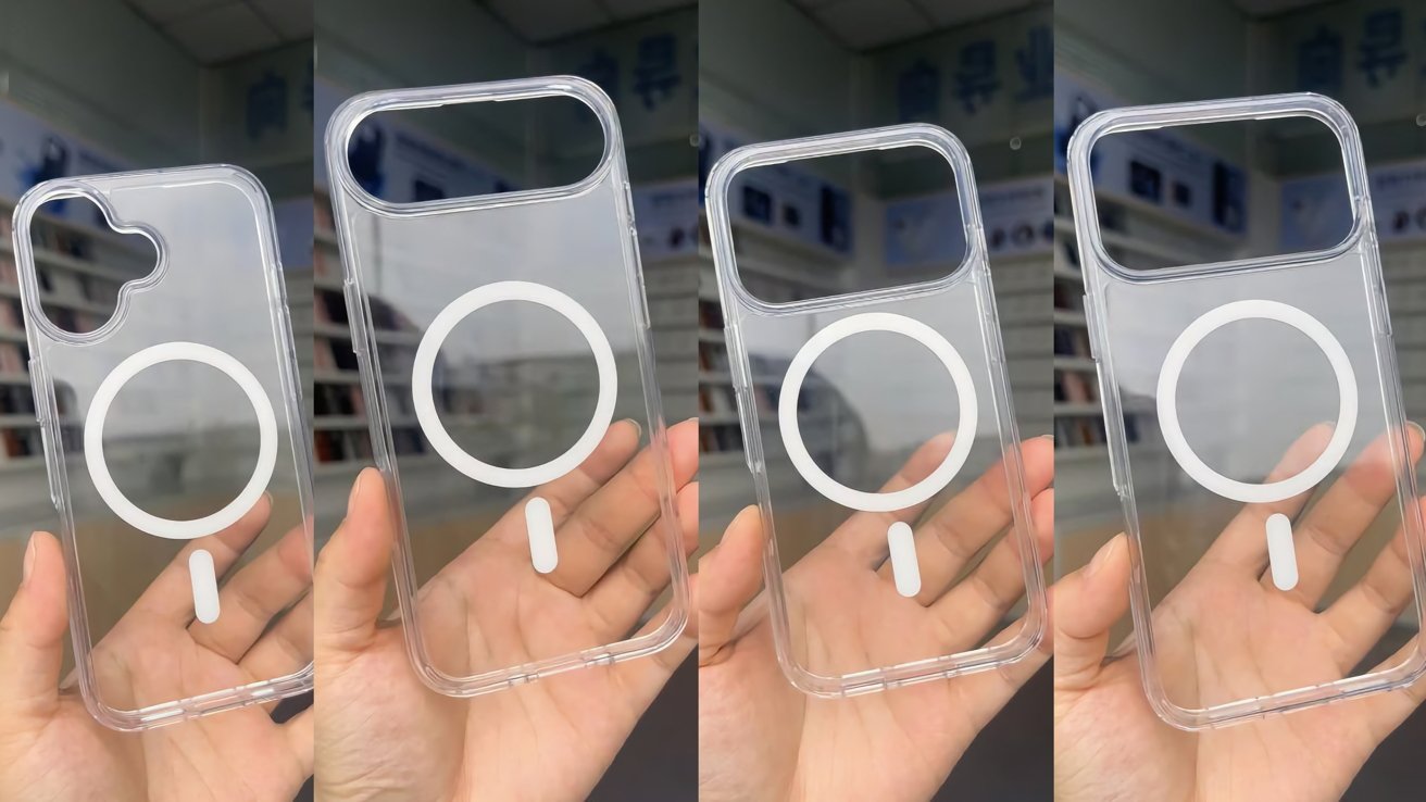Four transparent phone cases displayed, each with a circular MagSafe design, held in a person's hand within an indoor setting.
