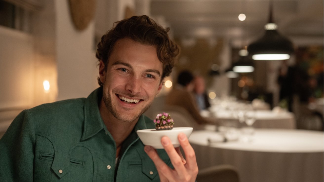 Smiling man holds a white bowl with a small decorative dessert, in a warmly lit restaurant with blurred background.