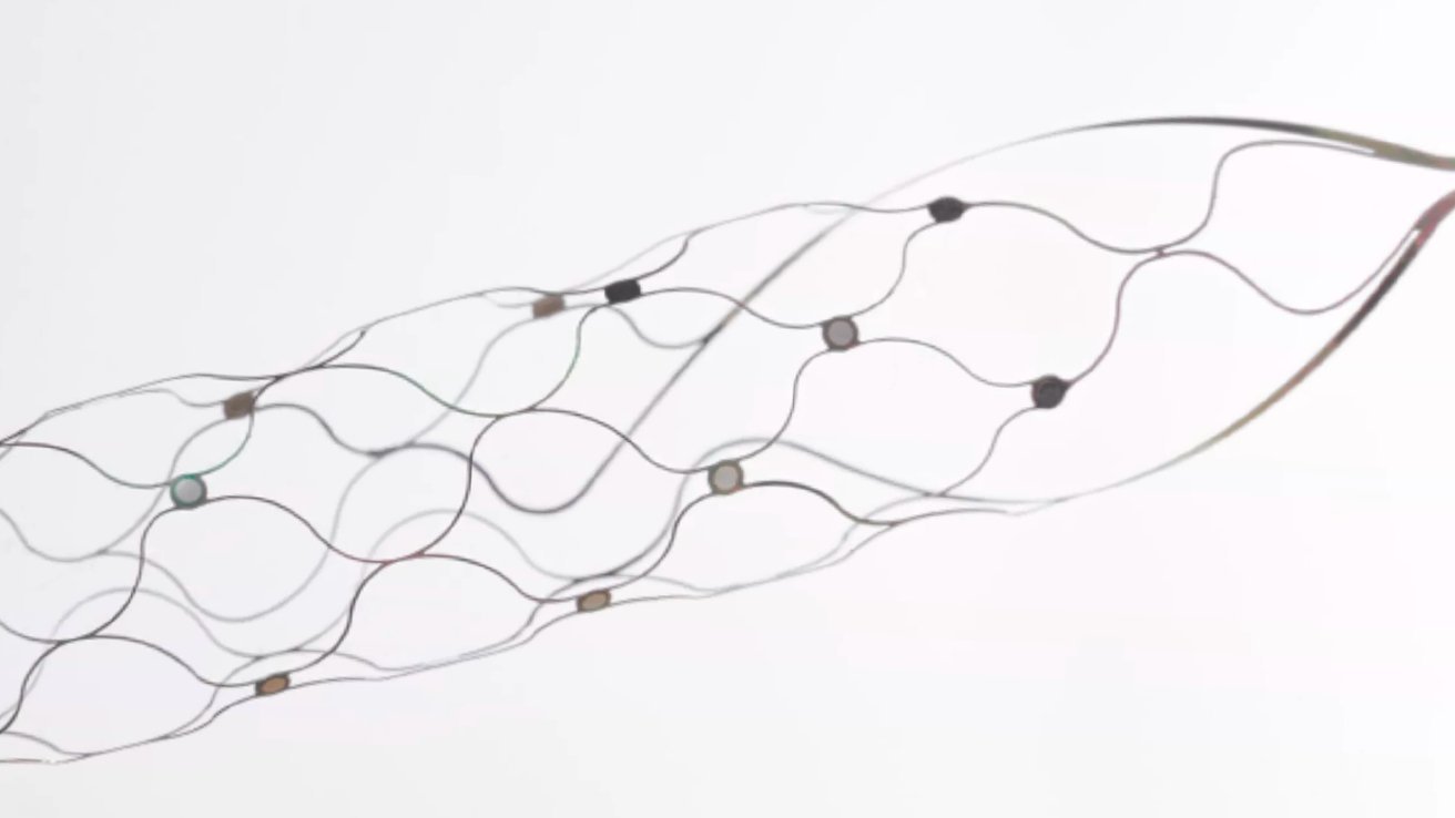 Intricate wire structure resembling a flexible medical stent with interconnected loops and small circular nodes against a plain background.