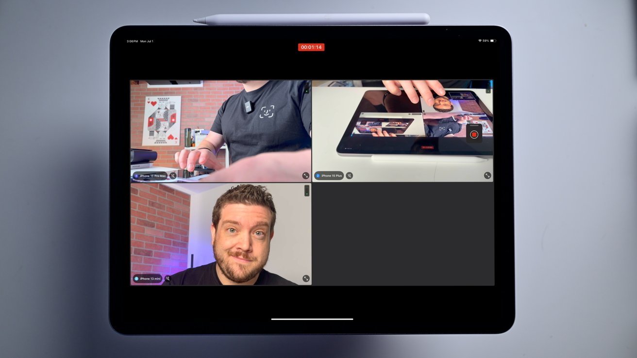 Tablet displaying a video call with three screens: a man smiling, a person using a device, and a hand interacting with a tablet.