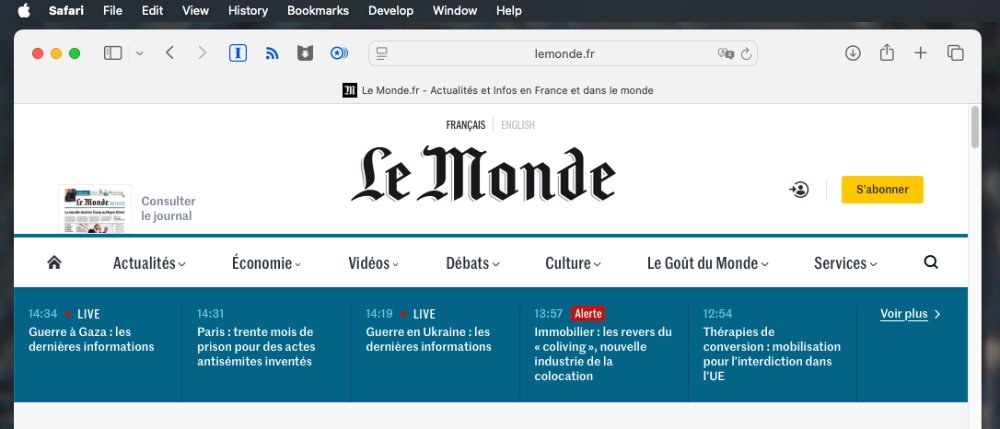 Le Monde website screenshot displaying navigation menu and headlines about global news in French, including live updates on Gaza and Ukraine conflicts. Yellow subscription button is visible.