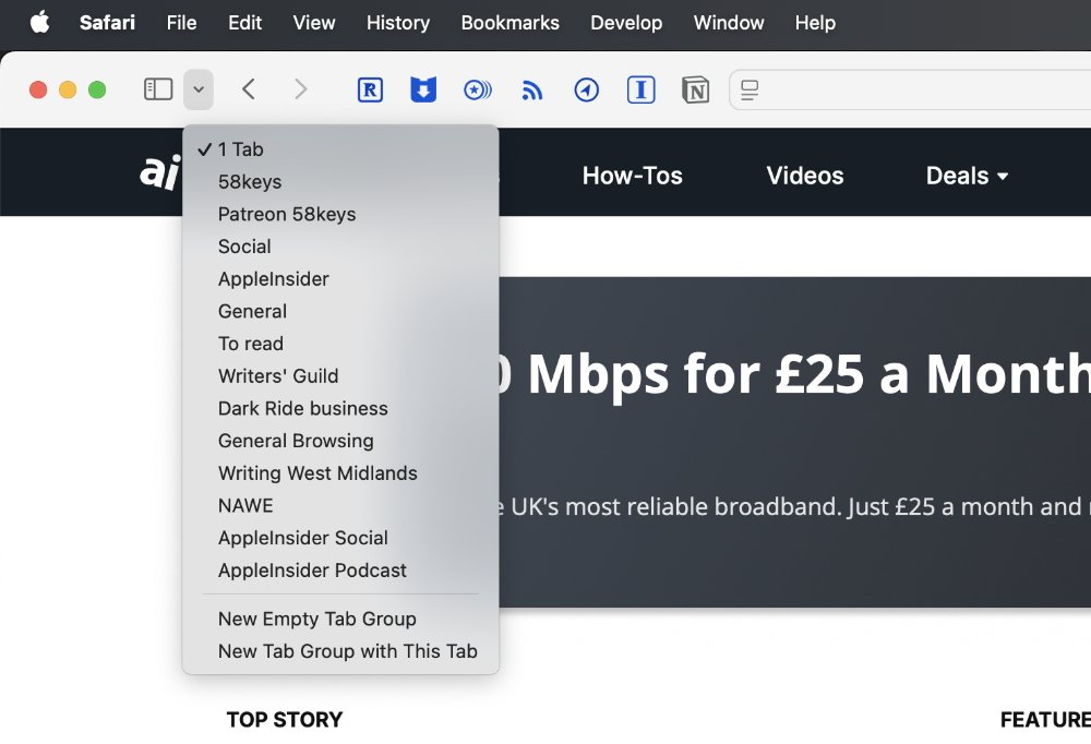 Web browser interface with a dropdown menu showing tab options like 58keys, Social, and AppleInsider. Header includes menu items: How-Tos, Videos, and Deals.