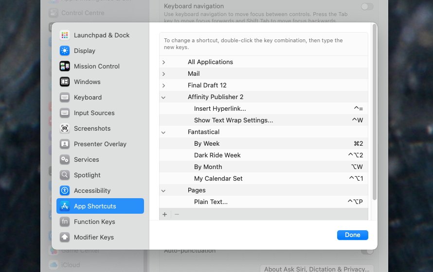 Computer screen displaying a settings window with a list of application shortcuts, each with corresponding keyboard commands. 'App Shortcuts' is highlighted on the left sidebar.