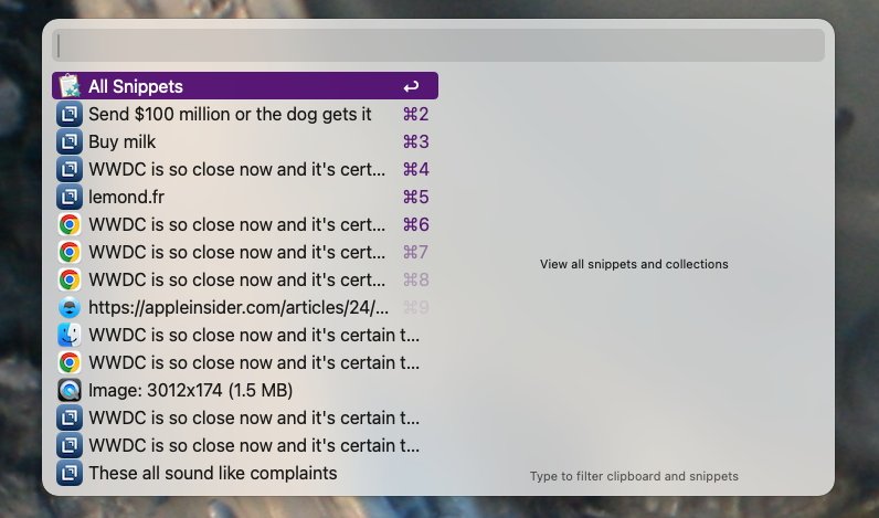 A computer screen lists various text snippets, links, and file information in a selection window. Some items mention 'WWDC' and others include tasks like 'Buy milk' and humorous notes.