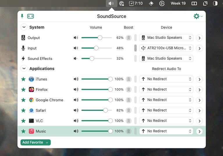SoundSource audio control panel with volume and boost sliders for system outputs, inputs, sound effects, and various applications. Options for device selection and audio redirection are visible below.