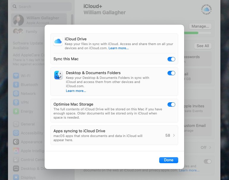 Settings dialog showing iCloud sync options for Mac, including toggles for iCloud Drive, Desktop and Documents Folders, and Mac storage optimization. 'Done' button at the bottom.
