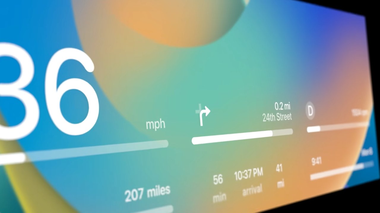 Abstract digital display with large 36 mph, turn arrow, 0.2 miles to 24th Street, arrival time, distance, and navigation information on colorful gradient background.