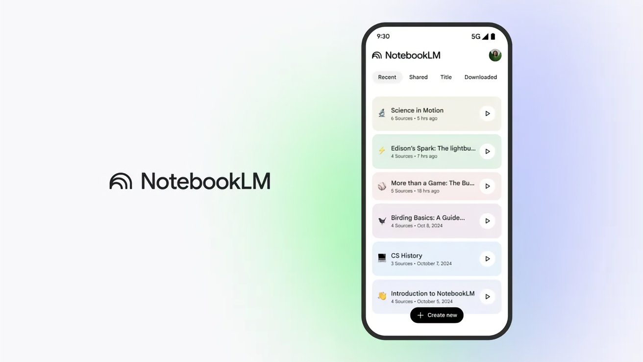 Smartphone displaying NotebookLM app with a list of notes titled Science in Motion, Edison's Spark, More than a Game. NotebookLM logo is on the left against a light background.