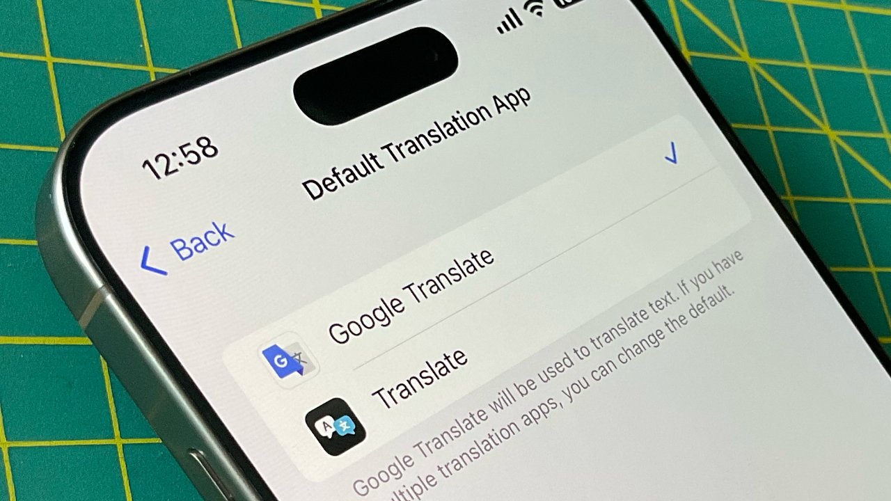 Smartphone screen displaying 'Default Translation App' settings with options including Google Translate, against a green grid background.