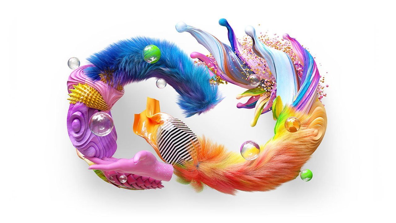 Colorful, abstract infinity symbol composed of fur, paint, and diverse textures, with swirling patterns and vibrant splashes, set against a white background.