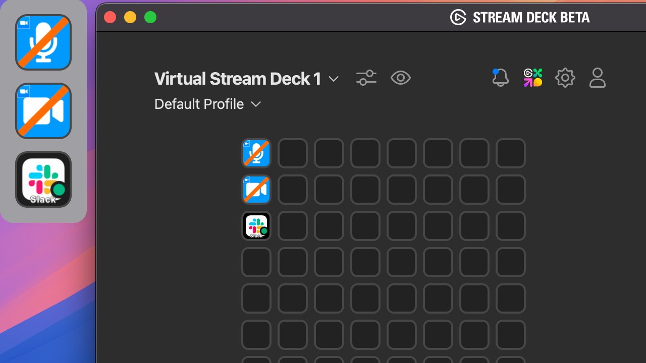 Virtual Stream Deck interface with muted microphone, video icons on a grid, and Slack icon. Visible icons: settings gear, bell, and user profile.