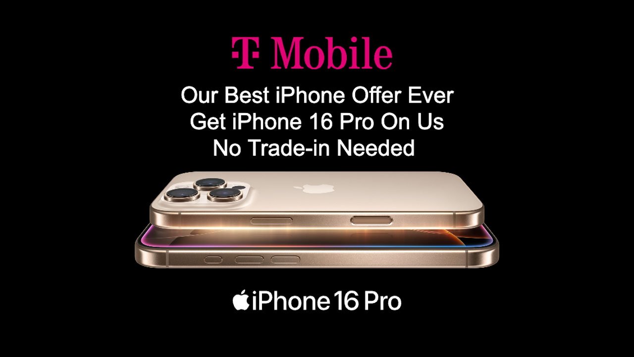 T-Mobile promotion for iPhone 16 Pro; mentions best offer ever, no trade-in needed, two stacked iPhones displayed with Apple's logo below.