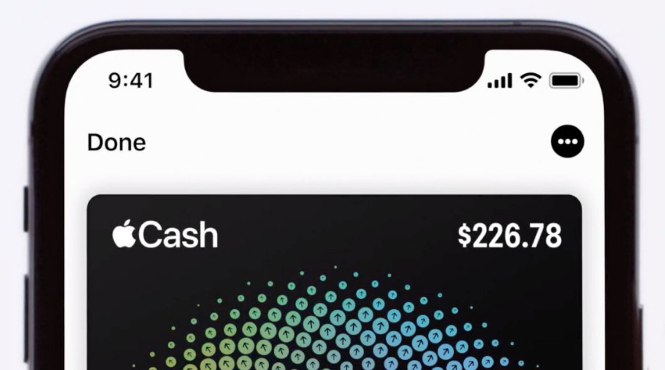 Smartphone screen showing a digital wallet with Apple Cash balance of $226.78, battery and signal icons, and the word 'Done' in the corner.