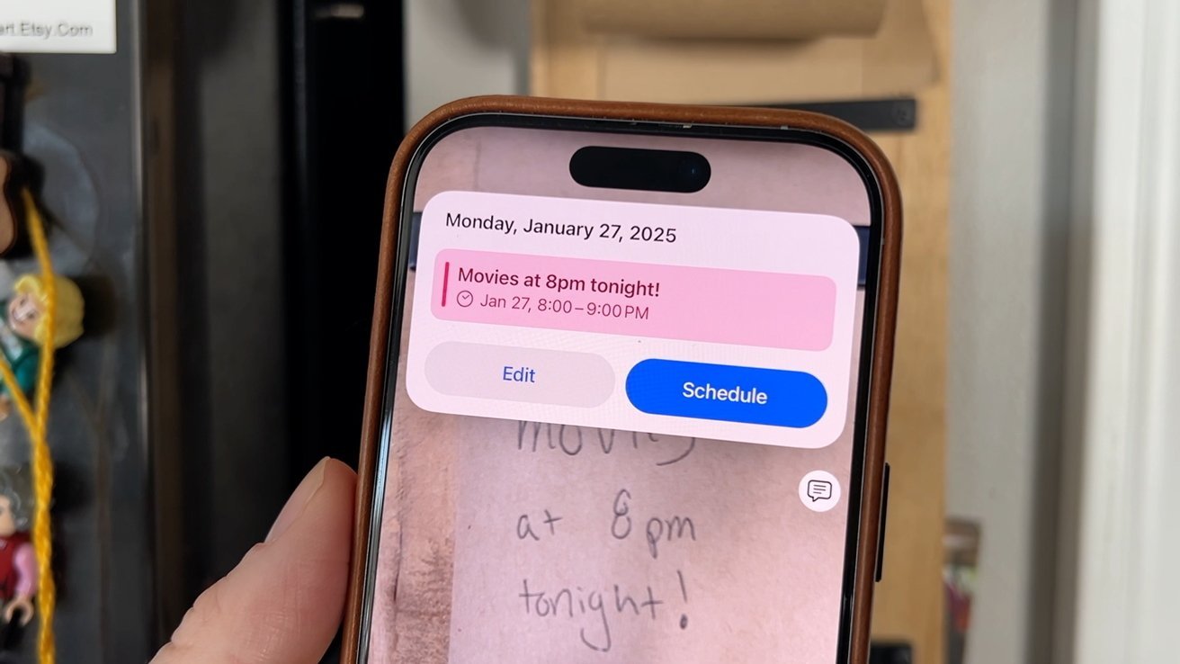 Smartphone screen displaying a calendar notification for 'Movies at 8pm tonight!' on January 27, 2025, with options to edit or schedule. Hand holding the phone.