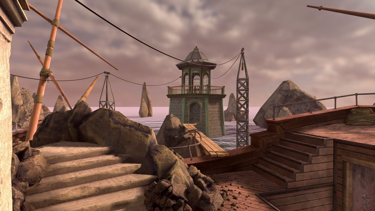 Coastal scene with rocky steps, a wooden platform, and a green lighthouse surrounded by ocean and jagged rocks under a cloudy sky.