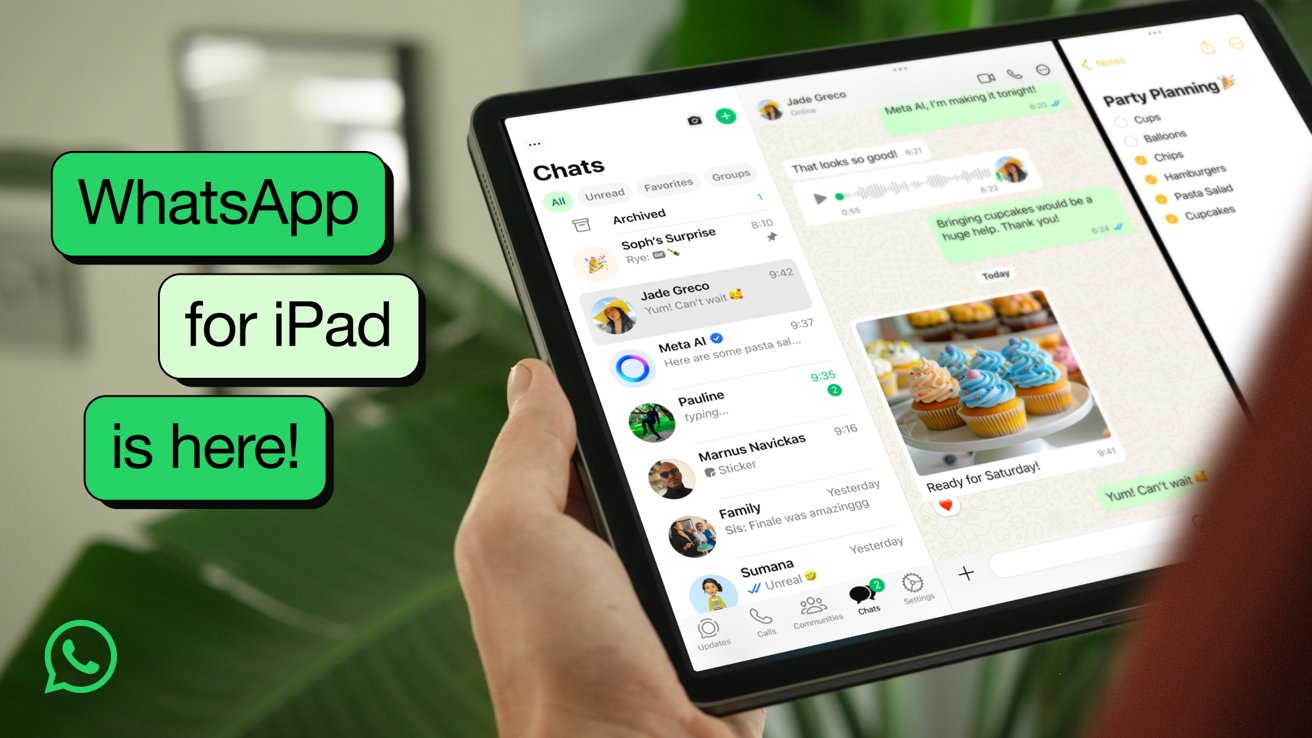 Person holding iPad showing WhatsApp interface, including chats and list with notifications. Bright green text on left announces WhatsApp for iPad. Background has blurred plants.