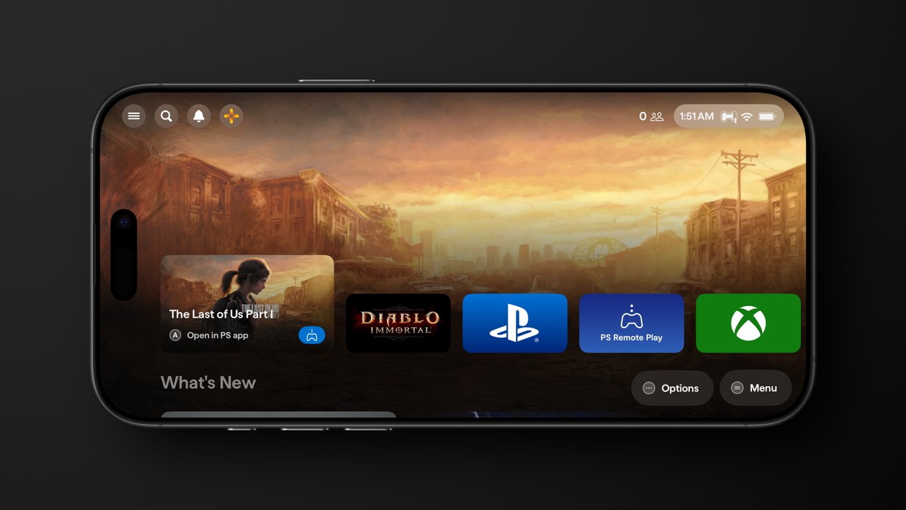 Smartphone display showing a game dashboard with icons for The Last of Us Part I, Diablo Immortal, PlayStation, PS Remote Play, and Xbox over a post-apocalyptic background.