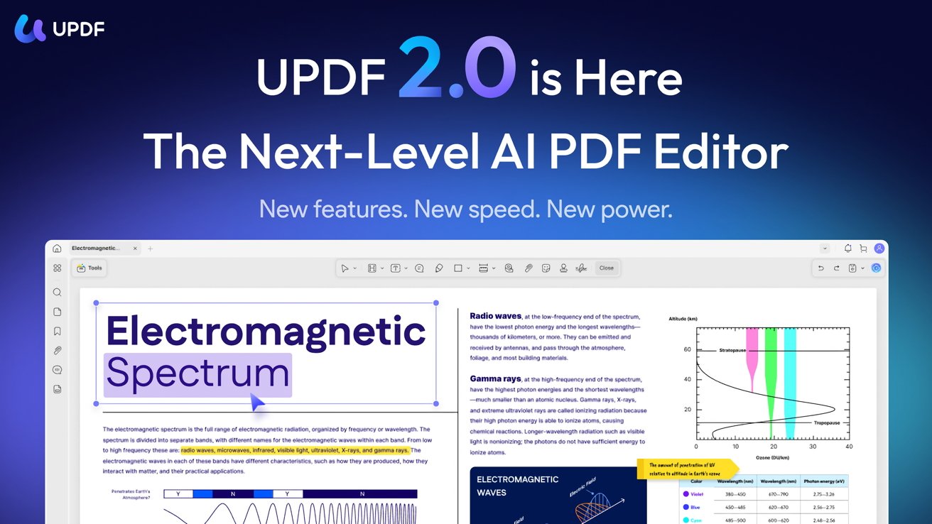 UPDF 2.0 announcement with text 'The Next-Level AI PDF Editor,' showcasing electromagnetic spectrum analysis in a PDF document interface.