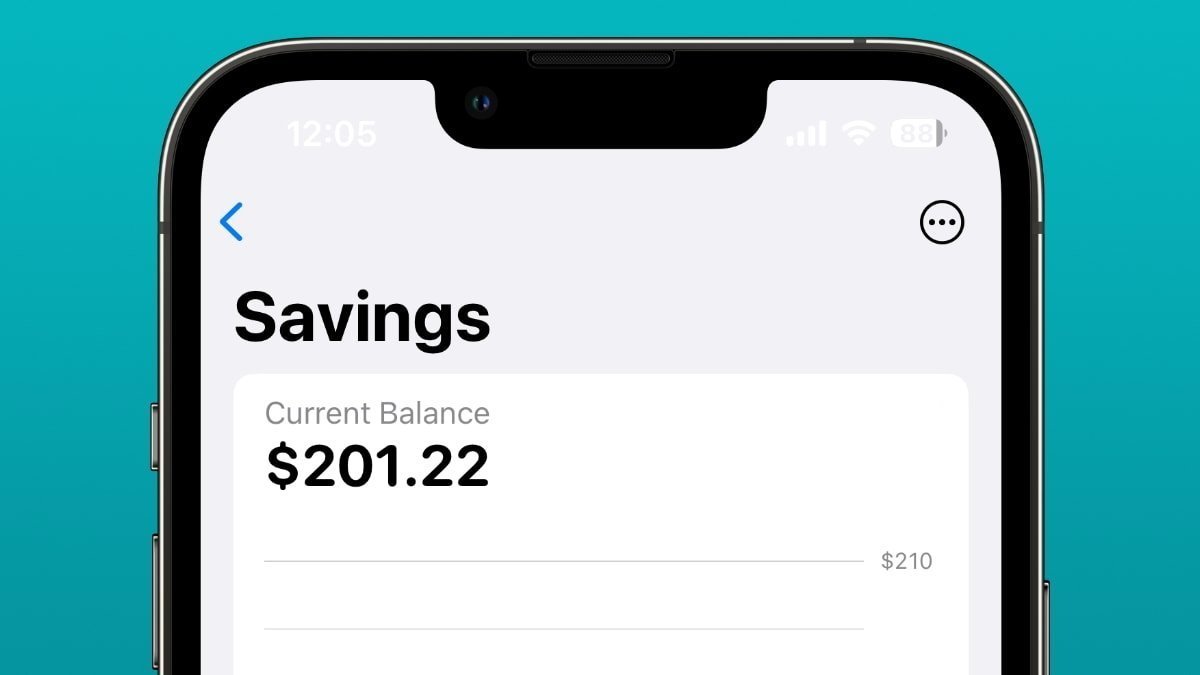 Smartphone screen displaying a savings account balance of 201 dollars and 22 cents, with a teal background and time shown as 12:05.
