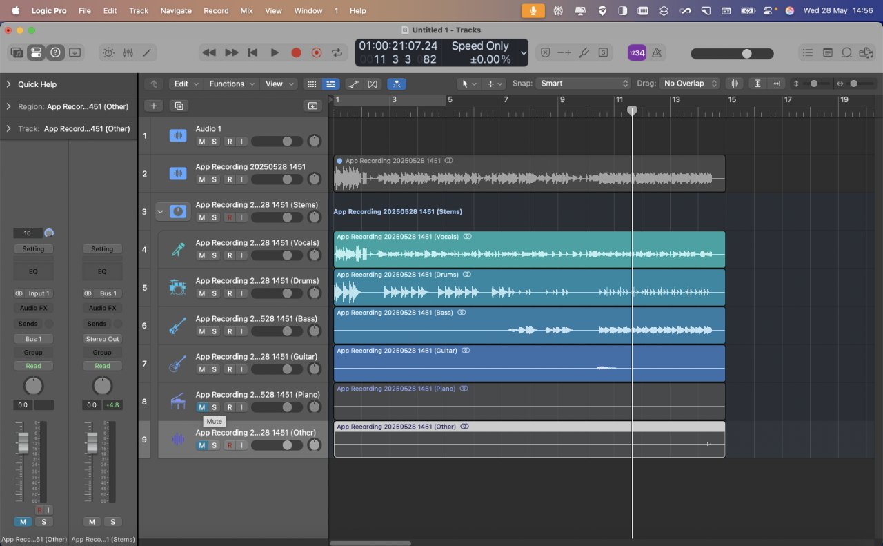 Audio editing software interface with multiple tracks labeled stems, vocals, drums, bass, guitar, and piano. Playback controls, timeline, and audio waveforms displayed.