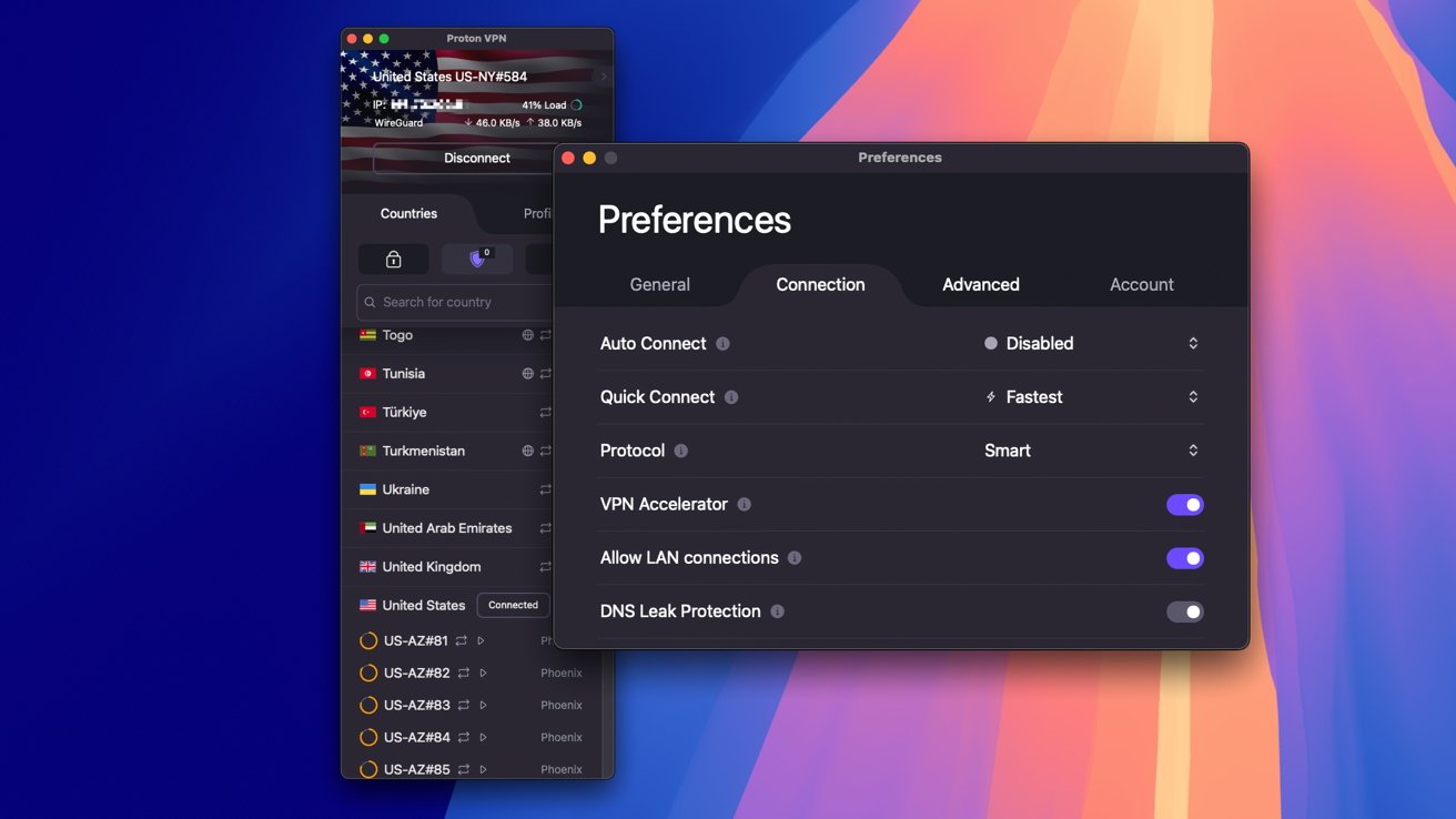VPN preferences window showing connection settings like auto connect, protocol, VPN accelerator, with a list of countries for server selection in the background.